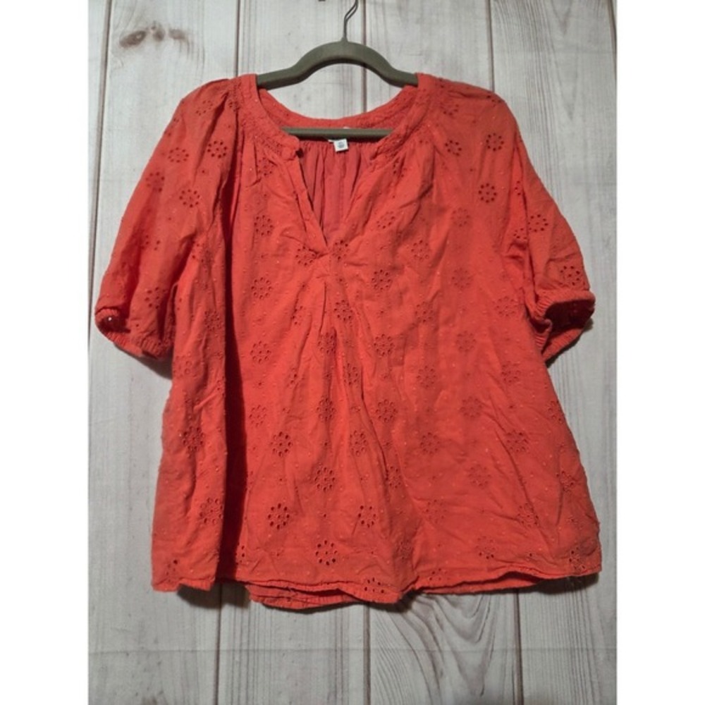 Crown & Ivy Coral Orange Eyelet Embroidered Puff Sleeve‎ Split Neck Top XL